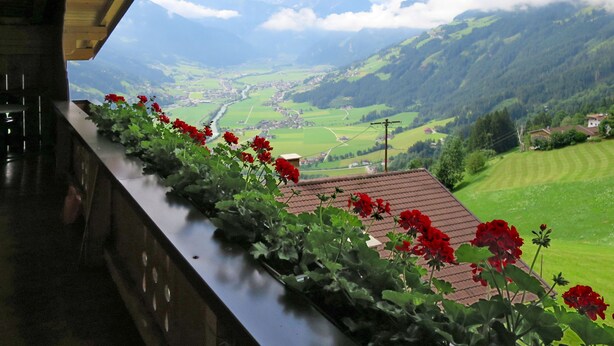 Een balkon met rode bloemen met uitzicht op een vallei met huizen en bergen.