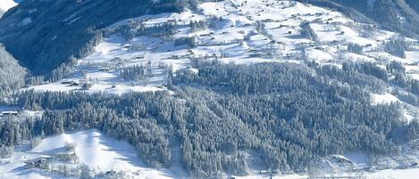A snow-covered mountain village with buildings clustered at the base, surrounded by dense forests and steep slopes.