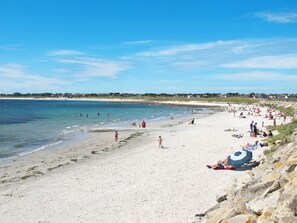 A beach with people sunbathing and swimming.