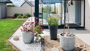 A modern house with a glass door, a garden with potted plants, and a clear sky.
