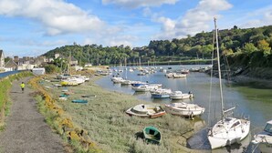 A harbor with boats docked along the shore, a pathway leading to the water, and a hill with buildings in the background. - Chante-Brise by Interhome (Plérin)