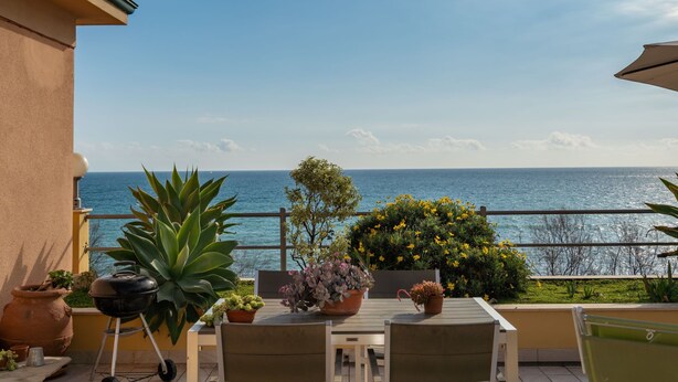 Ein Balkon mit Meerblick, einem Grill und Topfpflanzen.