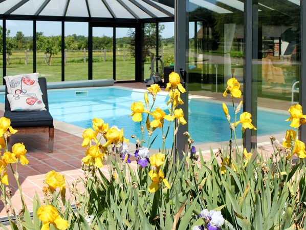 A pool area with a glass enclosure, a lounge chair, and yellow flowers in the foreground.