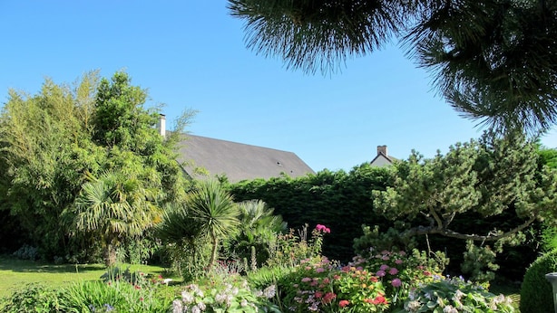 Een verzorgde tuin met verschillende planten en bloemen, een grindpad, en een huis met een grijs dak op de achtergrond.