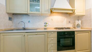 Fridge, oven, dishwasher, cookware/dishes/utensils