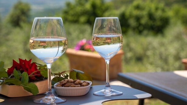 Dos copas de vino sobre una mesa con vistas a un paisaje montañoso.