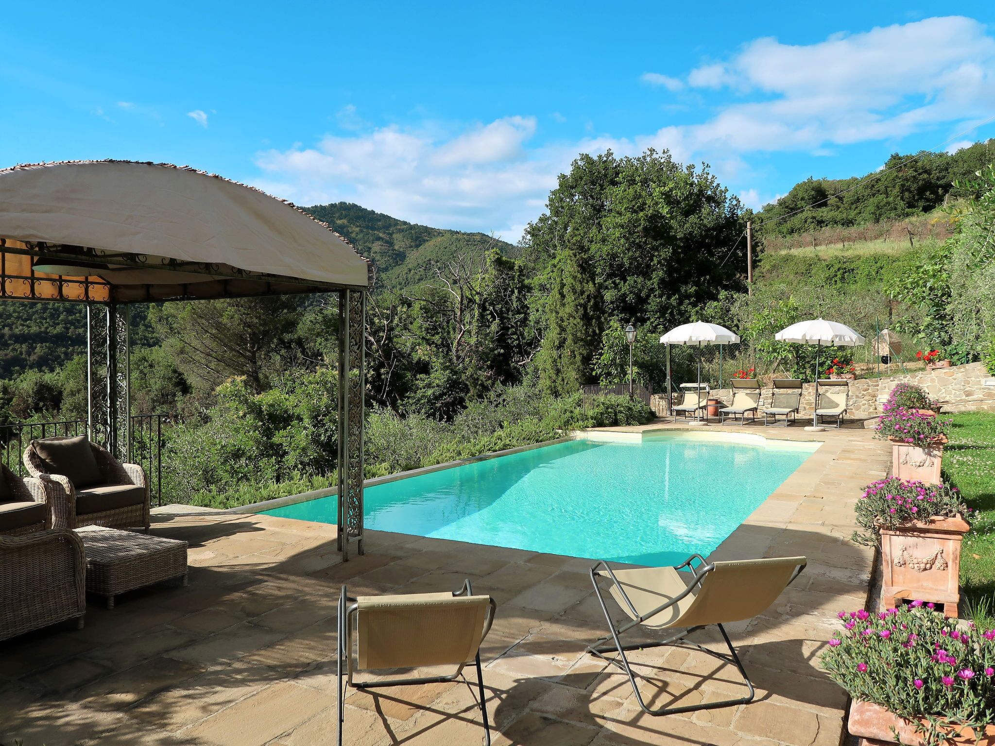 Una piscina con sillones de descanso y sombrillas, rodeada de vegetación y colinas.