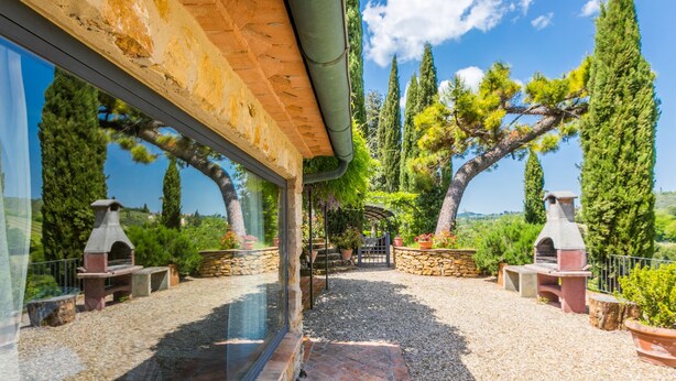 A courtyard with a stone pathway, two outdoor fireplaces, and a pergola with climbing plants.