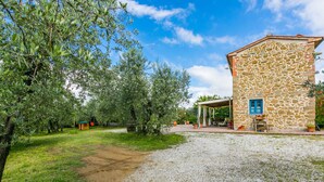 A stone building with a covered patio area, surrounded by olive trees and a gravel path. - La Casina by Interhome (Vinci)