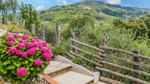 Vista panorámica de una zona montañosa con una valla de madera y escaleras que conducen a una colina con edificios.