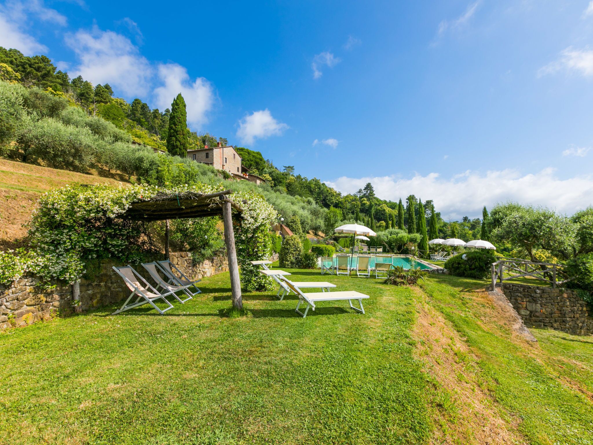Ein Garten an einem Hang mit Pool, Liegestühlen und einer Pergola.