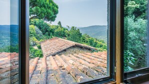 A view from a window overlooking a terraced roof with a stone wall, surrounded by lush greenery and hills. - La Cupola: Lavanda by Interhome (Pescia)