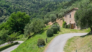 A stone building with a sloped roof, surrounded by lush greenery and a winding road. - Podere Zano by Interhome (Pescia)