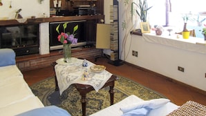 A cozy living room with a fireplace, bookshelves, a coffee table with decorative items, and a window with plants. - Agrifoglio by Interhome (Lucca)