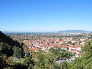 A panoramic view of a town with red-roofed buildings, surrounded by greenery and hills.