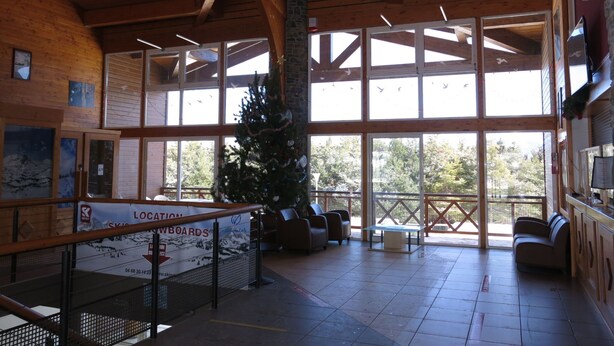 Um hall amplo com pé direito alto, grandes janelas e um pinheiro de Natal.