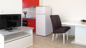 Uma cozinha compacta com televisão, geladeira e área de refeições com uma cadeira.