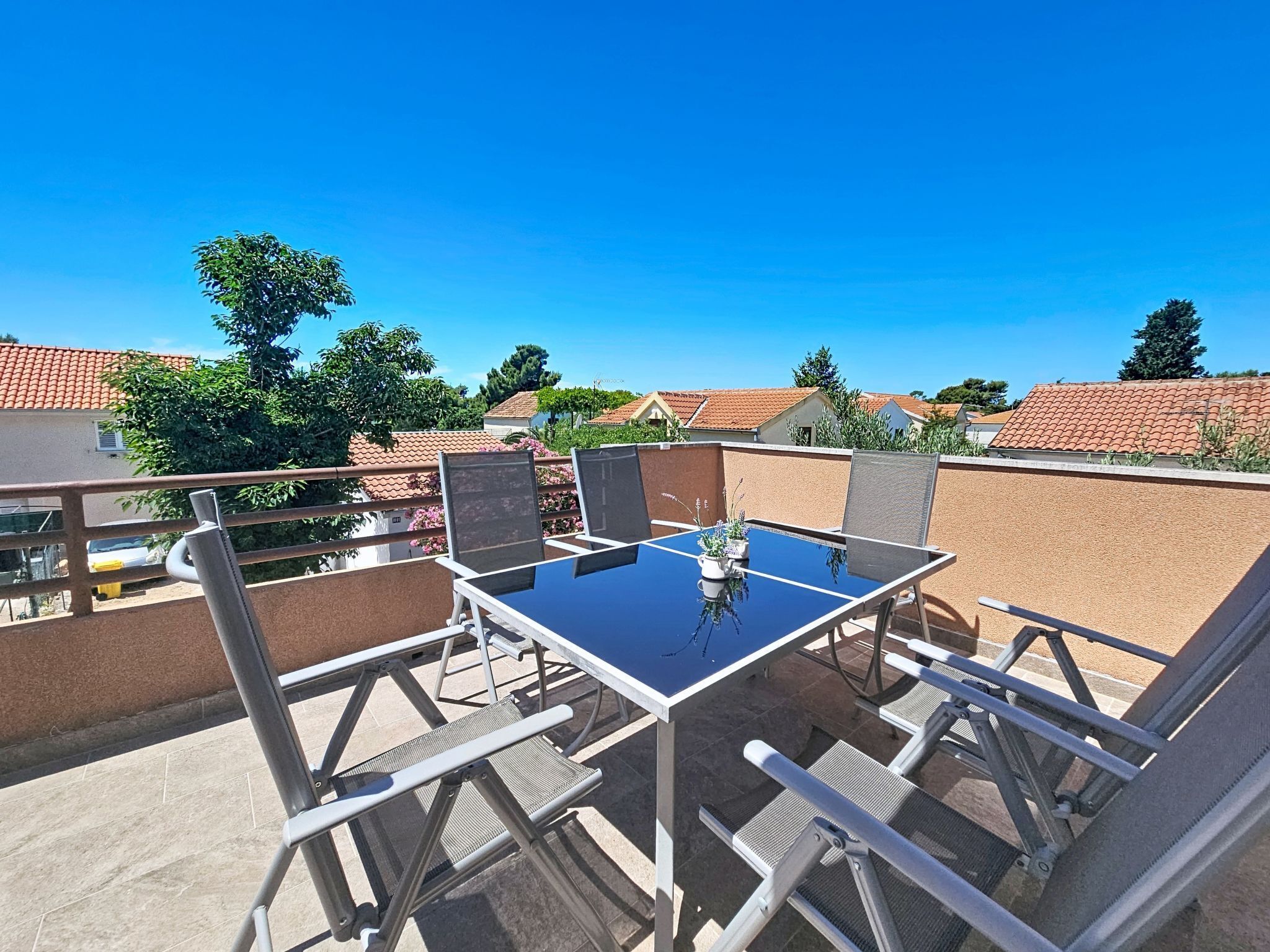 An outdoor patio with a table and chairs, a potted plant, and a view of neighboring houses.