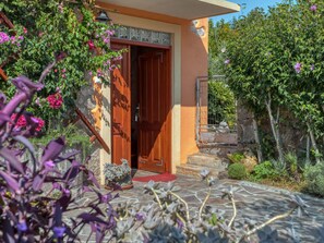 Enter a serene oasis, surrounded by lush greenery and a thoughtful stone pathway.