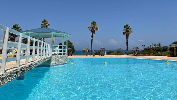 A clear blue pool with a stone-lined edge, a covered seating area, and palm trees in the background.