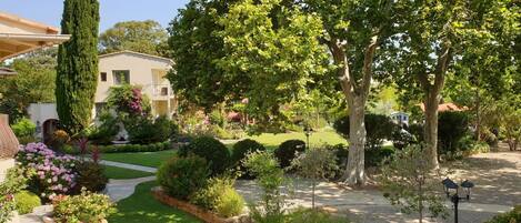 A well-maintained garden with a variety of plants and a pathway leading to a building.