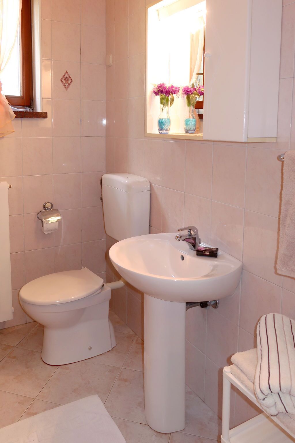 Un baño con inodoro, lavabo y toallero.