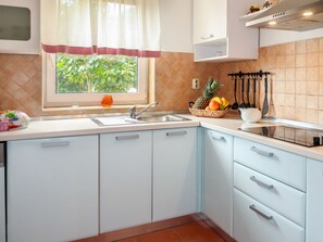 Fridge, dishwasher, cookware/dishes/utensils