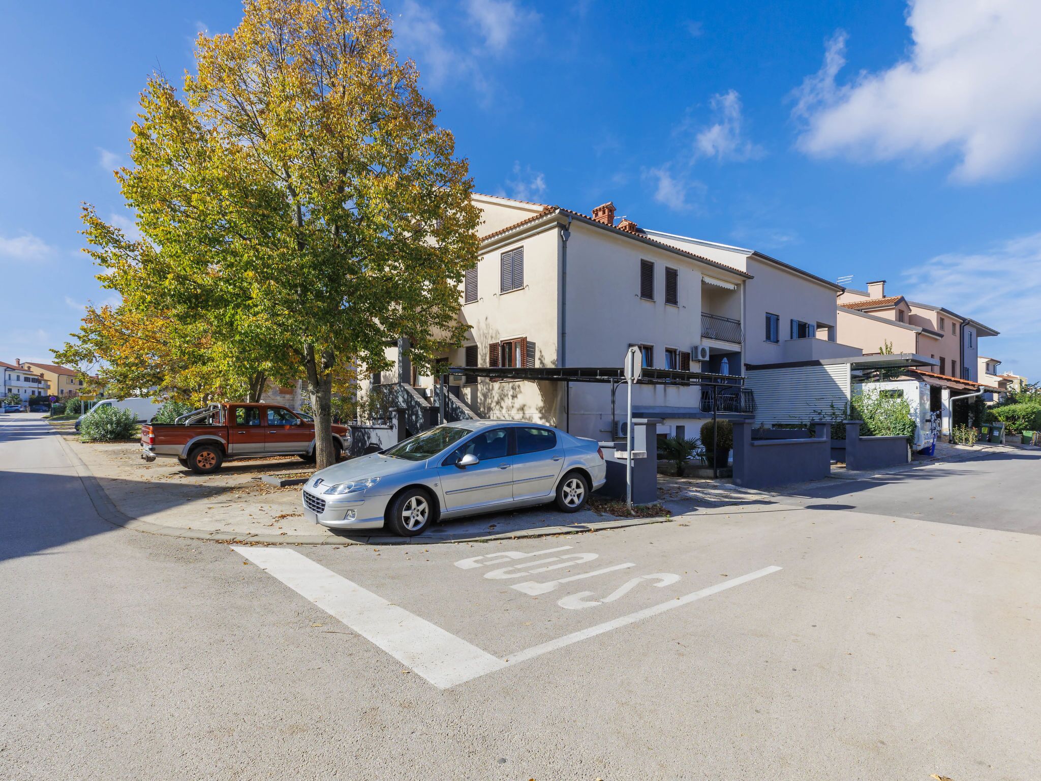 Una calle residencial con un coche aparcado y un árbol.