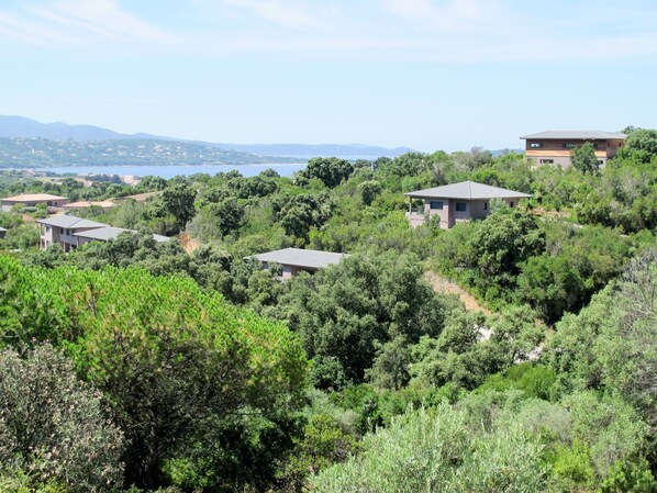 A residential area with houses surrounded by dense greenery and a view of the sea in the background.
