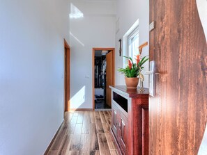 A hallway with wooden flooring, a wooden cabinet with a potted plant, and a door with a window.