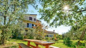 Une table de pique-nique en bois, installée sur une pelouse, avec un bâtiment visible en arrière-plan.
