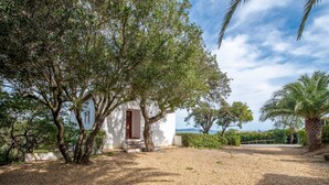 Ein Haus mit einem Schotterweg, einer Palme und Blick aufs Meer.