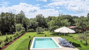 Una piscina rectangular con solárium azulejado, rodeada de césped cuidado y árboles.