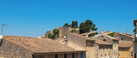 A historic town with stone buildings, narrow streets, and a prominent hill with trees.
