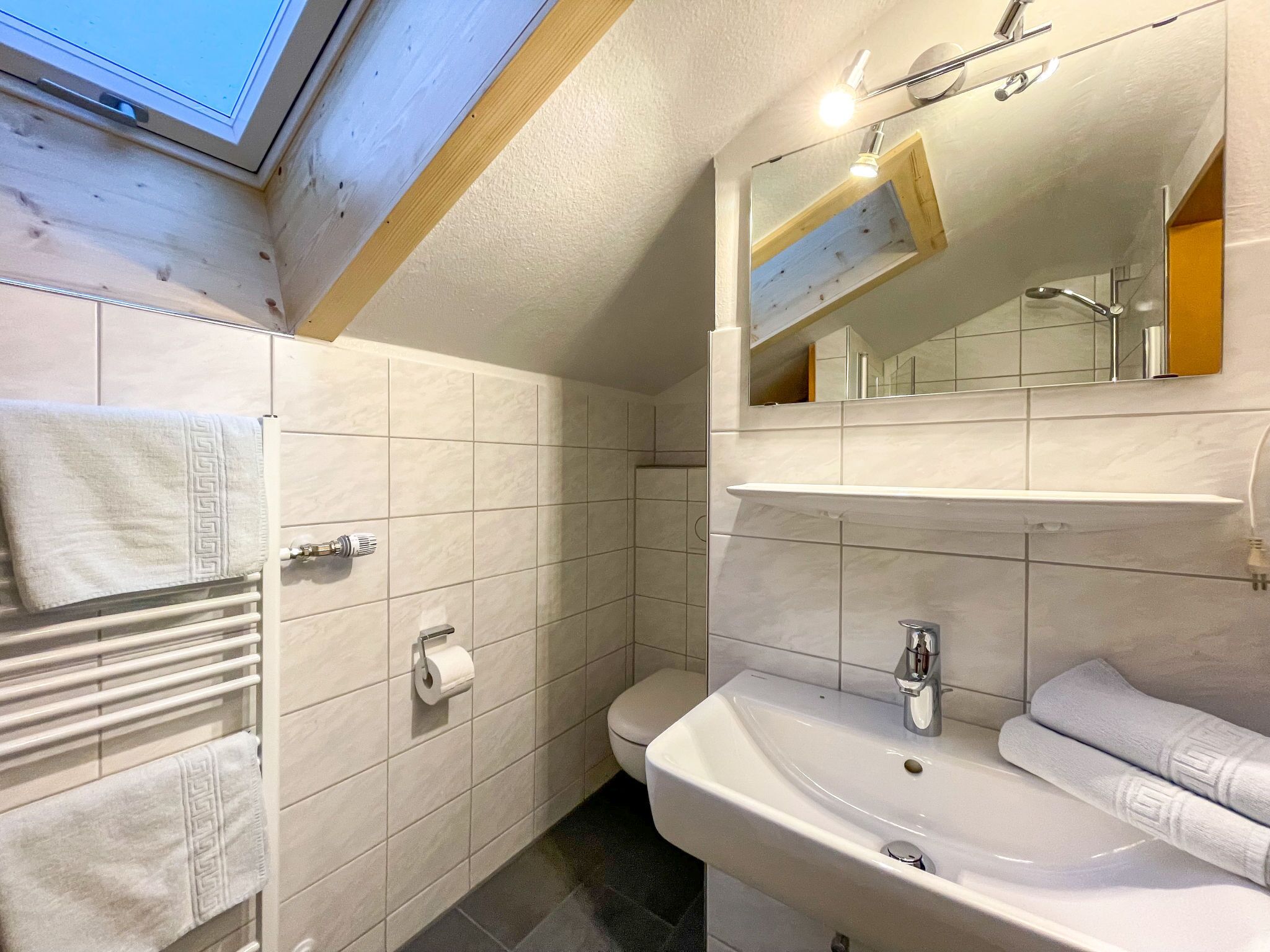 Une salle de bain moderne avec un puits de lumière, un grand miroir, un lavabo et des toilettes.