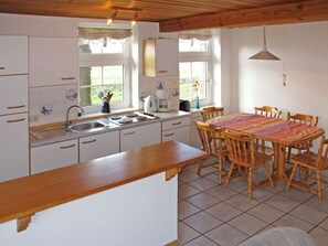 Fridge, microwave, toaster, cookware/dishes/utensils