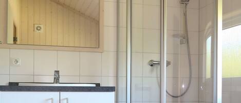A modern bathroom with a glass shower enclosure, a white sink, and a toilet.