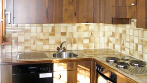 A kitchen with wooden cabinets, a stainless steel sink, and a built-in dishwasher. - Muotta Sulegl 4 by Interhome (Laax)