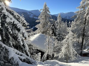 A snow-covered mountain landscape with trees and a cabin. - Chalet Soldanella (BEL205) by Interhome (Bellwald)