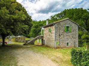Step into a tranquil retreat surrounded by lush greenery and trees, with a stone staircase leading to a charming outdoor space.