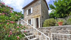 A stone building with a staircase leading to a door, surrounded by greenery and a potted plant.