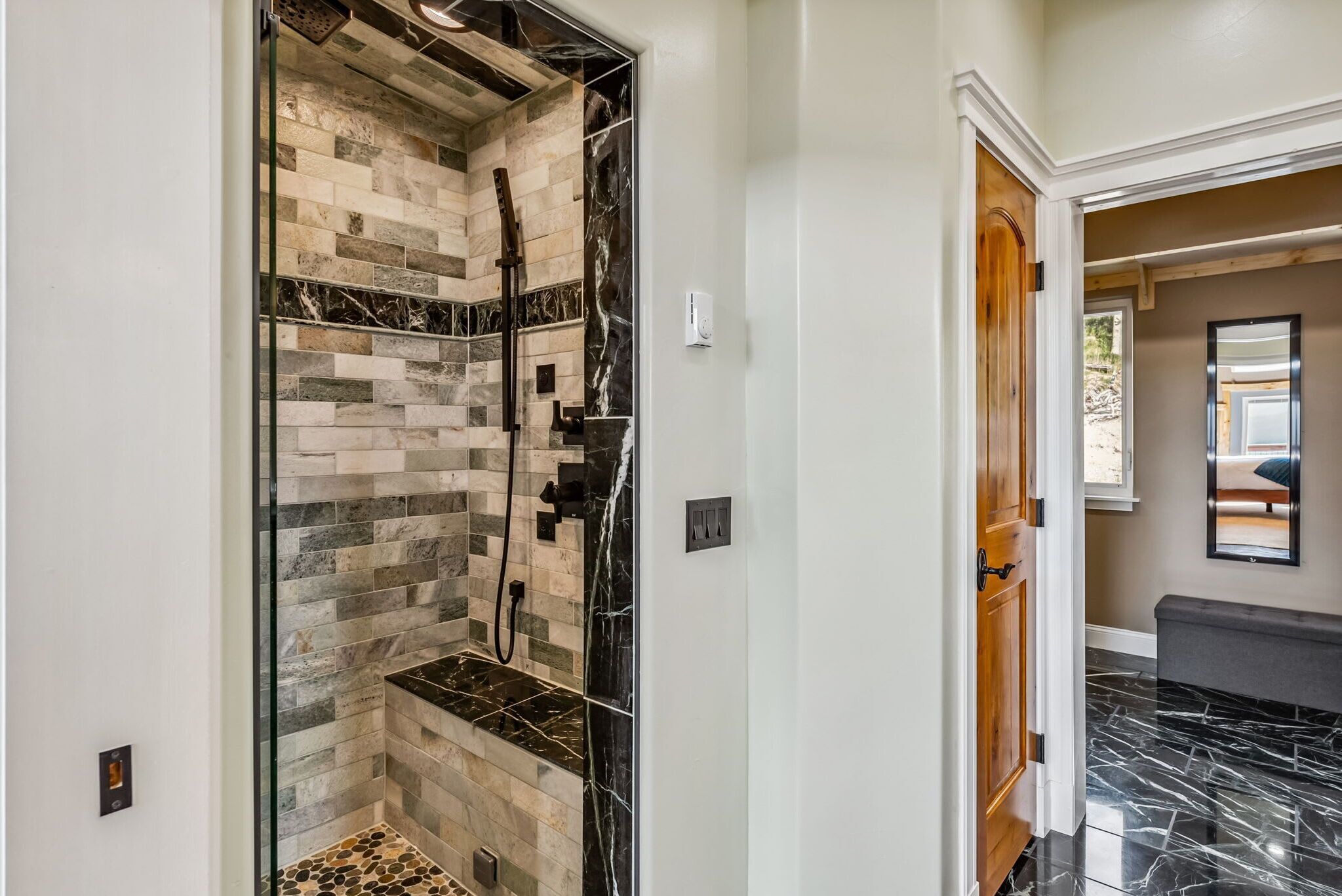 Shower, hair dryer, towels, shampoo