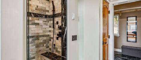 Shower, hair dryer, towels, shampoo