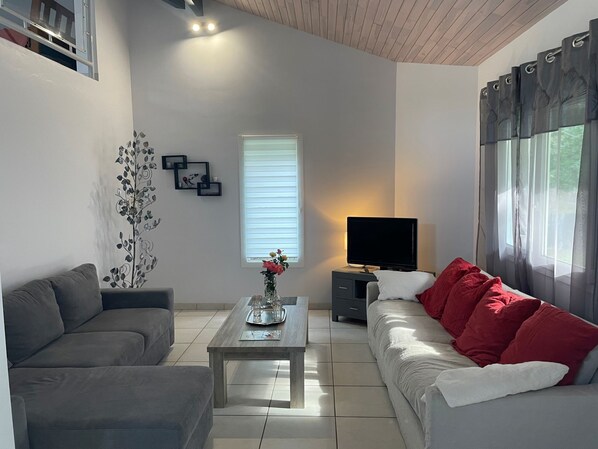 A modern living room with a grey sofa, a coffee table with a vase, a flat-screen TV on a stand, and a window with blinds. - Le Moïsan by Interhome (Messanges)