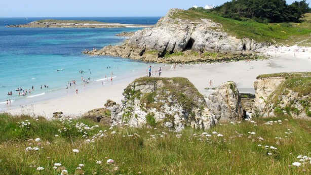 A coastal beach with rocky cliffs, clear blue waters, and a grassy area with wildflowers. - Vacation home Hidel by Interhome (Plouarzel)