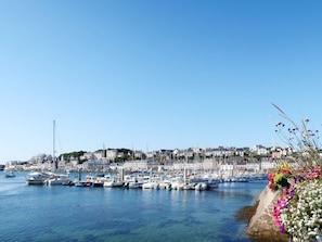 Stunning marina views with boats docked in the calm waters, surrounded by traditional architecture and lush greenery.
