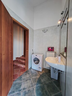 Shower, hair dryer, bidet, towels