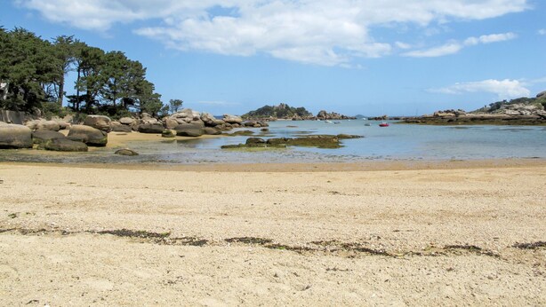 A beach with large rocks, calm water, and trees. - Gueradur by Interhome (Pleumeur Bodou)