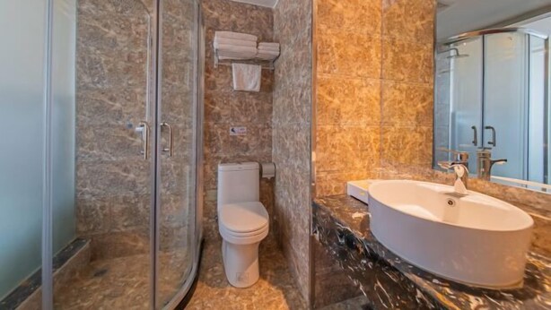 A modern bathroom with a glass shower enclosure, a toilet, and a large freestanding sink. - Yanhong Hotel (Jiayuguan Xiongguan Plaza) (Jiayuguan)