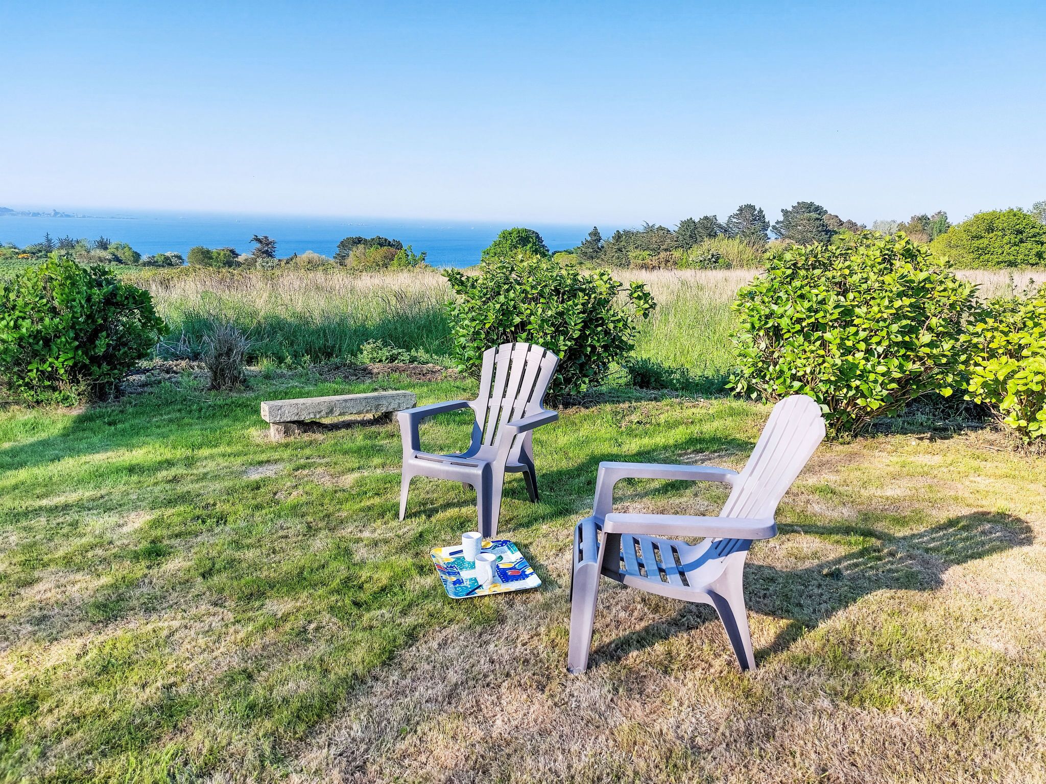 Deux fauteuils Adirondack, une table de pique-nique et une couverture sont disposés sur une pelouse, offrant une vue sur l’océan.